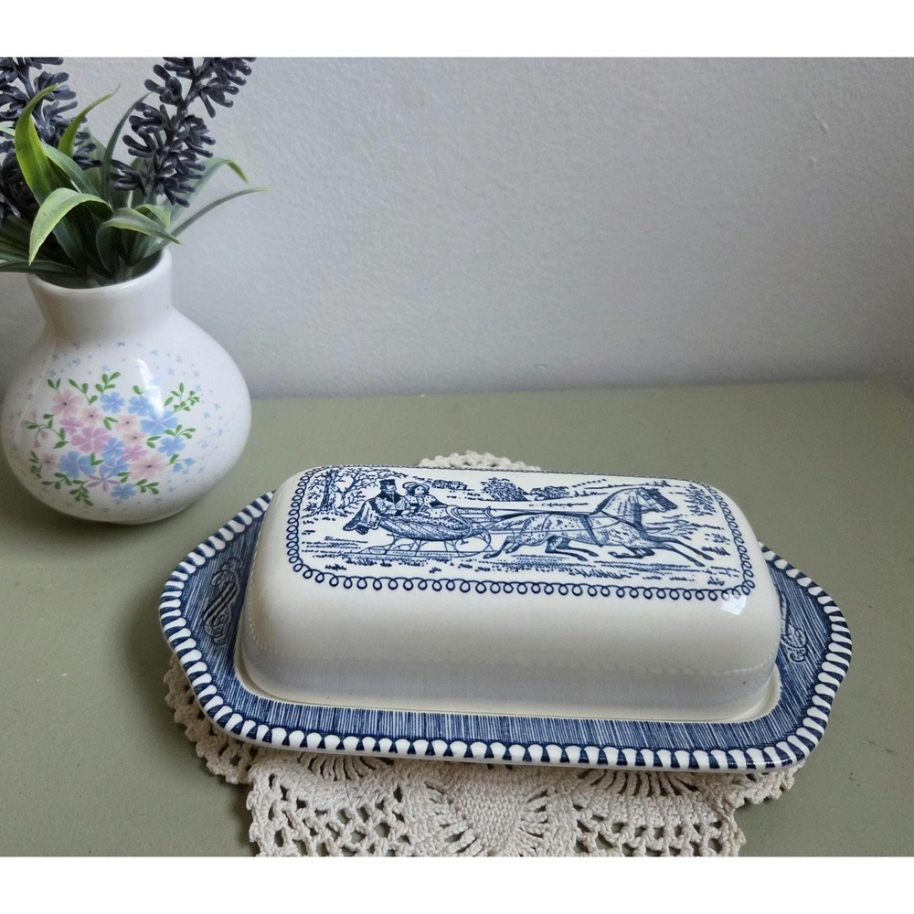Vintage Royal China Currier & Ives Butter Dish Sleigh Ride USA Blue White